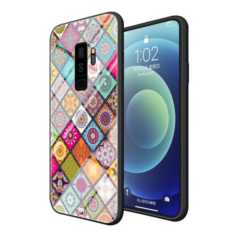 For Samsung Galaxy S9+ Painted Ethnic Pattern Tempered Glass TPU Shockproof Case with Folding Magnetic Holder & Neck Strap