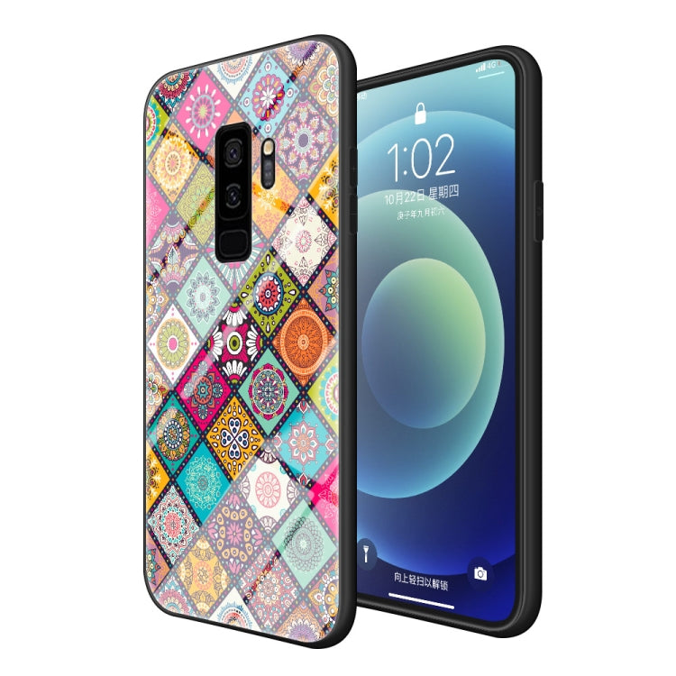 For Samsung Galaxy S9+ Painted Ethnic Pattern Tempered Glass TPU Shockproof Case with Folding Magnetic Holder & Neck Strap
