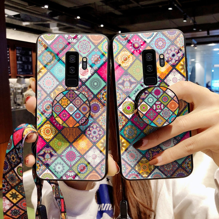 For Samsung Galaxy S9+ Painted Ethnic Pattern Tempered Glass TPU Shockproof Case with Folding Magnetic Holder & Neck Strap