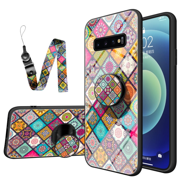 For Samsung Galaxy S10 Painted Ethnic Pattern Tempered Glass TPU Shockproof Case with Folding Magnetic Holder & Neck Strap