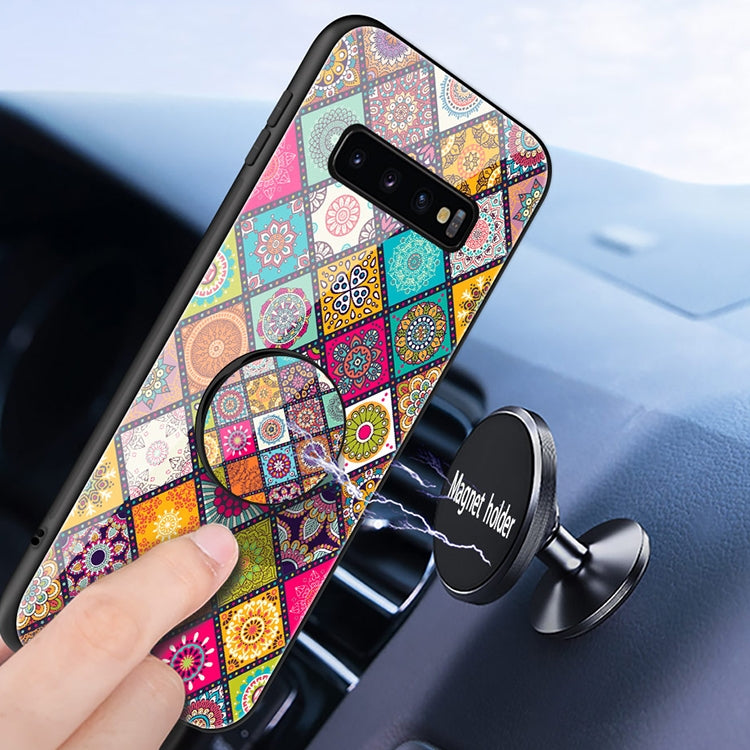 For Samsung Galaxy S10 Painted Ethnic Pattern Tempered Glass TPU Shockproof Case with Folding Magnetic Holder & Neck Strap