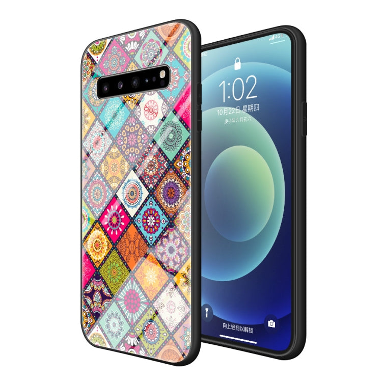 For Samsung Galaxy S10 5G Painted Ethnic Pattern Tempered Glass TPU Shockproof Case with Folding Magnetic Holder & Neck Strap
