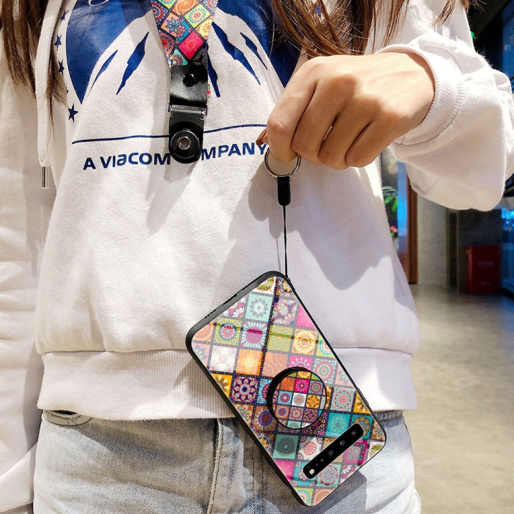 For Samsung Galaxy S10 5G Painted Ethnic Pattern Tempered Glass TPU Shockproof Case with Folding Magnetic Holder & Neck Strap