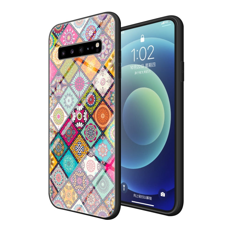 For Samsung Galaxy S10 5G Painted Ethnic Pattern Tempered Glass TPU Shockproof Case with Folding Magnetic Holder & Neck Strap