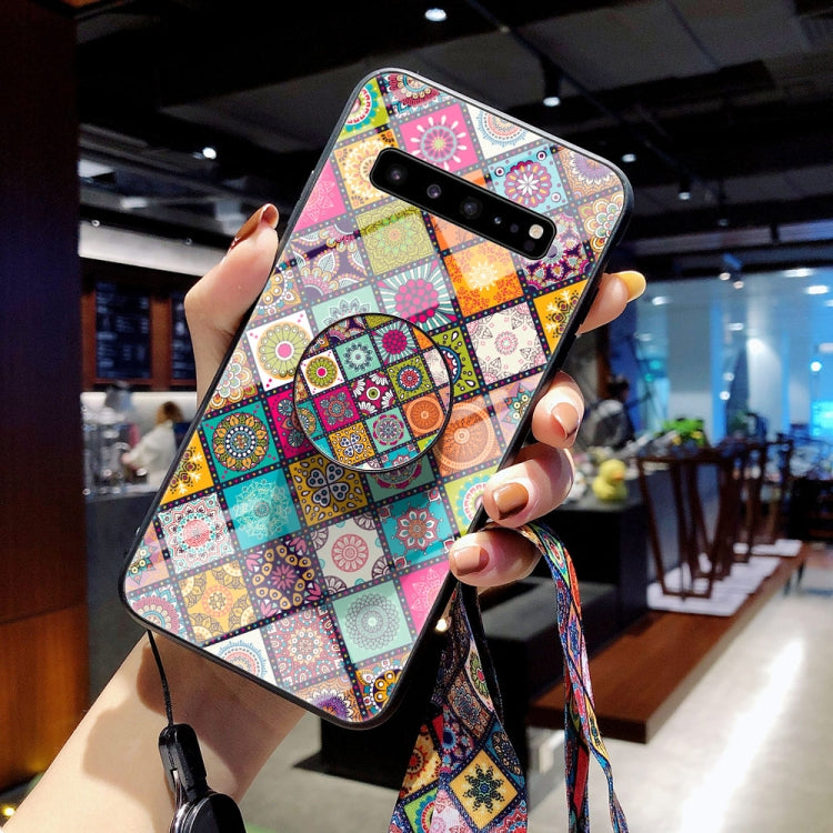 For Samsung Galaxy S10 5G Painted Ethnic Pattern Tempered Glass TPU Shockproof Case with Folding Magnetic Holder & Neck Strap