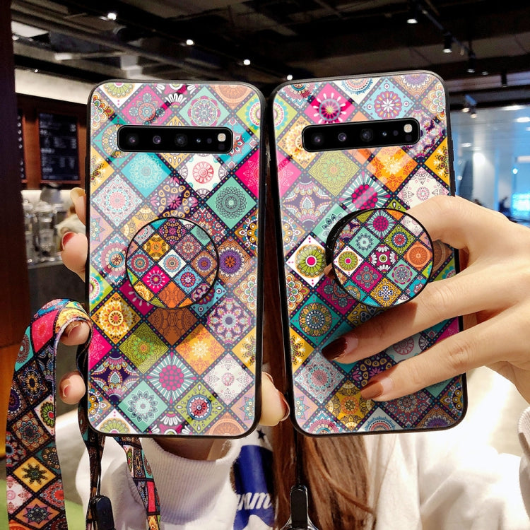 For Samsung Galaxy S10 5G Painted Ethnic Pattern Tempered Glass TPU Shockproof Case with Folding Magnetic Holder & Neck Strap