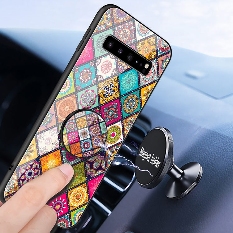 For Samsung Galaxy S10 5G Painted Ethnic Pattern Tempered Glass TPU Shockproof Case with Folding Magnetic Holder & Neck Strap