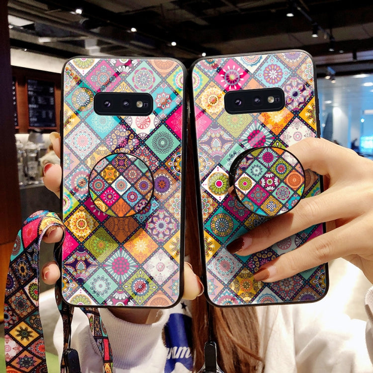 For Samsung Galaxy S10e Painted Ethnic Pattern Tempered Glass TPU Shockproof Case with Folding Magnetic Holder & Neck Strap