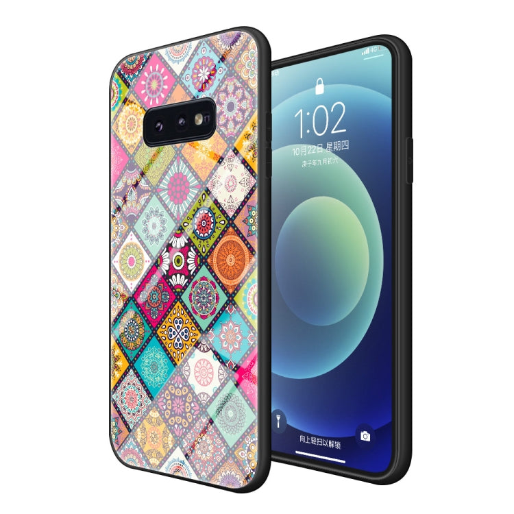 For Samsung Galaxy S10e Painted Ethnic Pattern Tempered Glass TPU Shockproof Case with Folding Magnetic Holder & Neck Strap