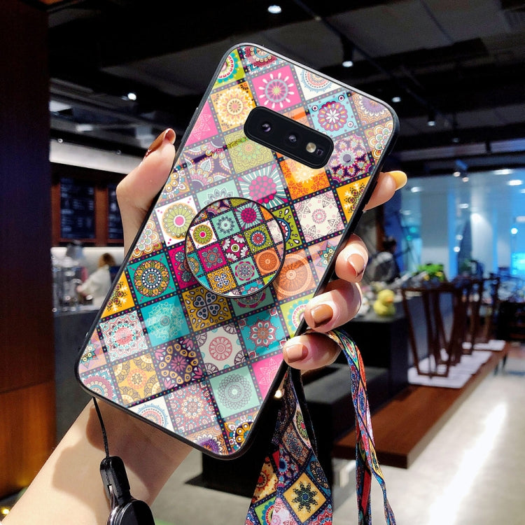 For Samsung Galaxy S10e Painted Ethnic Pattern Tempered Glass TPU Shockproof Case with Folding Magnetic Holder & Neck Strap