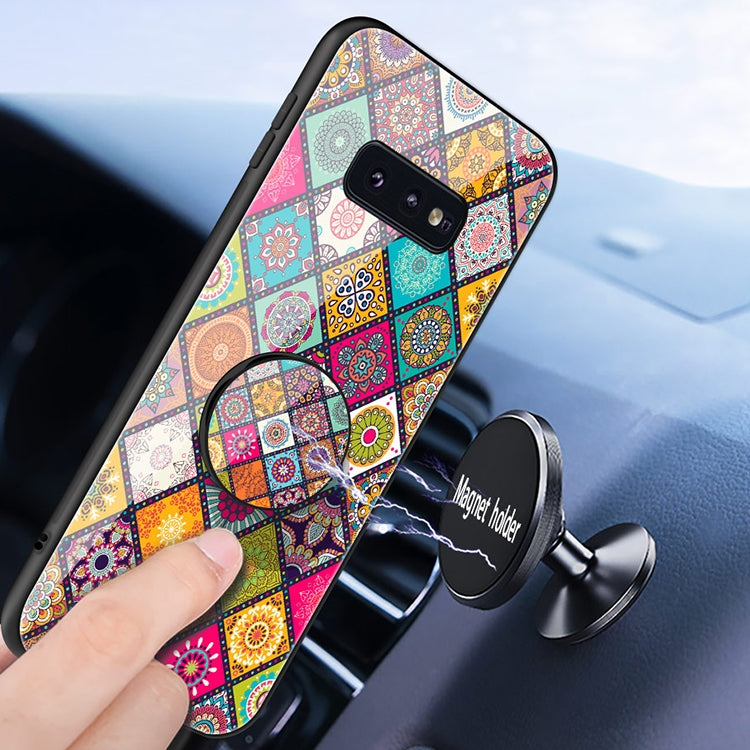 For Samsung Galaxy S10e Painted Ethnic Pattern Tempered Glass TPU Shockproof Case with Folding Magnetic Holder & Neck Strap