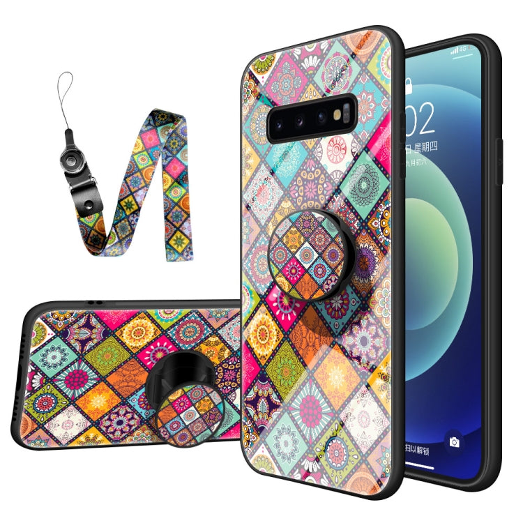 For Samsung Galaxy S10+ Painted Ethnic Pattern Tempered Glass TPU Shockproof Case with Folding Magnetic Holder & Neck Strap