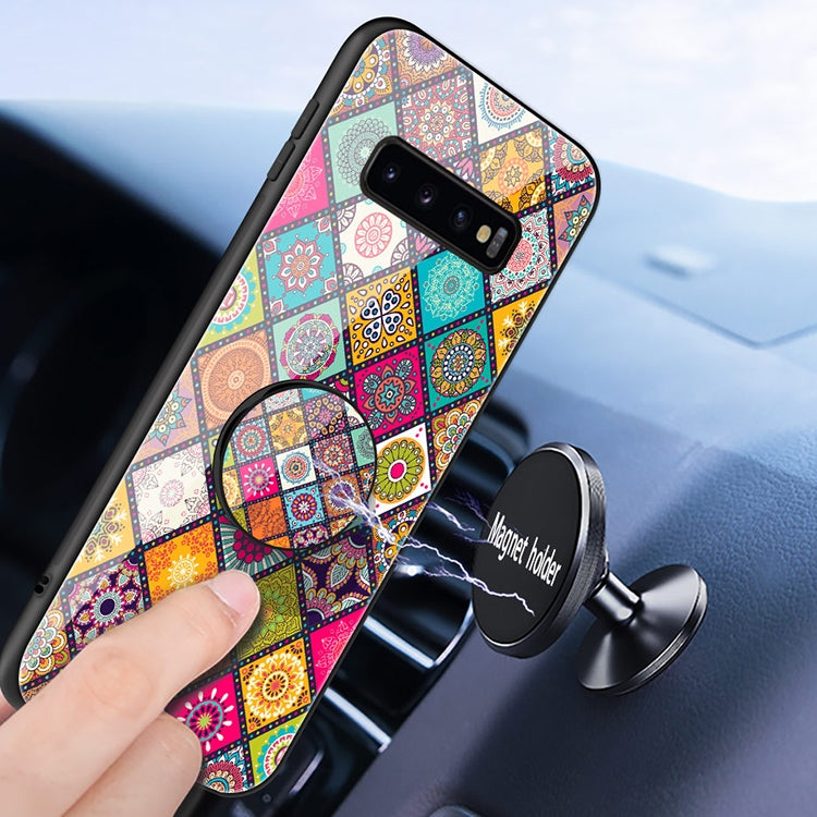 For Samsung Galaxy S10+ Painted Ethnic Pattern Tempered Glass TPU Shockproof Case with Folding Magnetic Holder & Neck Strap
