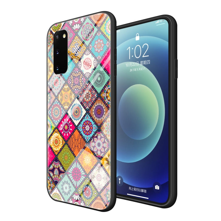 For Samsung Galaxy S20 Painted Ethnic Pattern Tempered Glass TPU Shockproof Case with Folding Magnetic Holder & Neck Strap