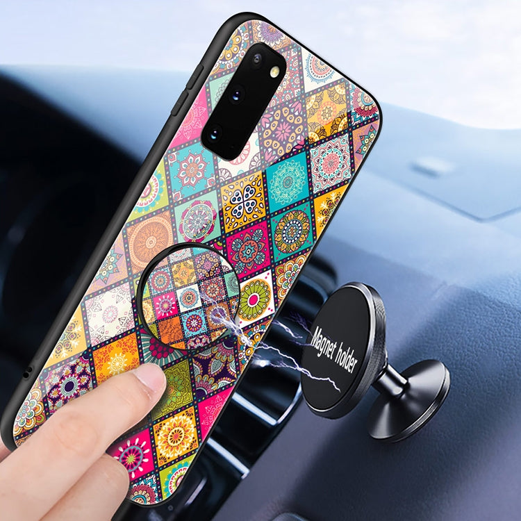 For Samsung Galaxy S20 Painted Ethnic Pattern Tempered Glass TPU Shockproof Case with Folding Magnetic Holder & Neck Strap