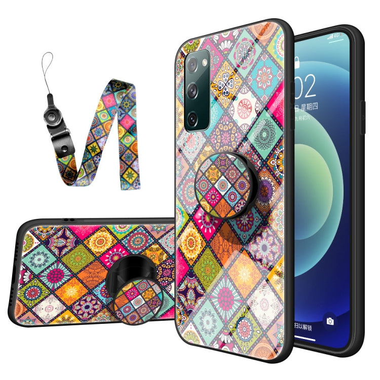 For Samsung Galaxy S20 FE Painted Ethnic Pattern Tempered Glass TPU Shockproof Case with Folding Magnetic Holder & Neck Strap
