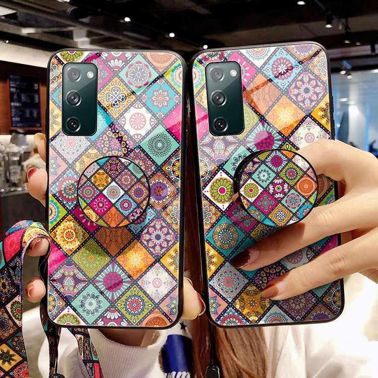 For Samsung Galaxy S20 FE Painted Ethnic Pattern Tempered Glass TPU Shockproof Case with Folding Magnetic Holder & Neck Strap
