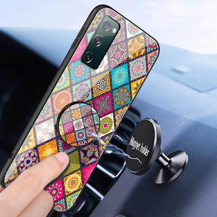 For Samsung Galaxy S20 FE Painted Ethnic Pattern Tempered Glass TPU Shockproof Case with Folding Magnetic Holder & Neck Strap