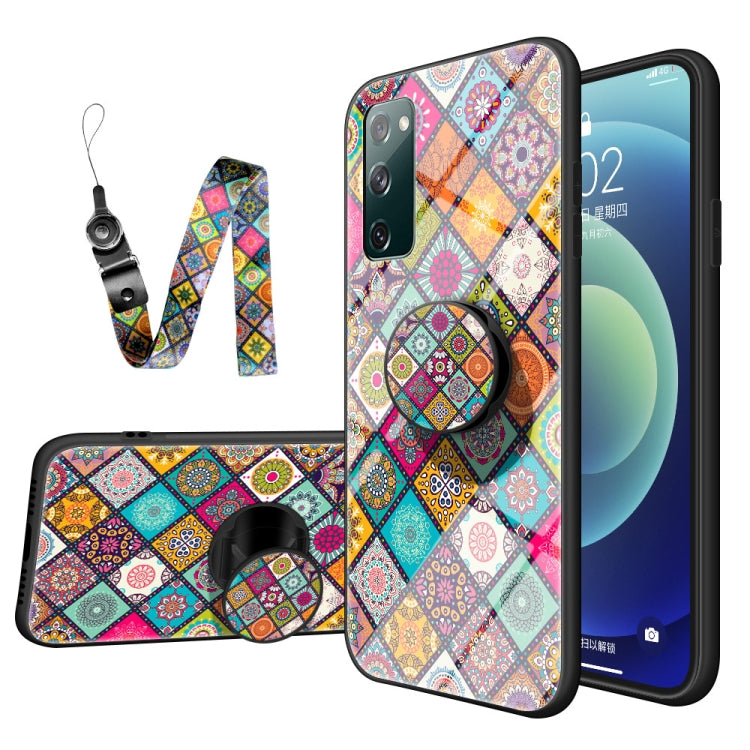 For Samsung Galaxy S20 FE Painted Ethnic Pattern Tempered Glass TPU Shockproof Case with Folding Magnetic Holder & Neck Strap