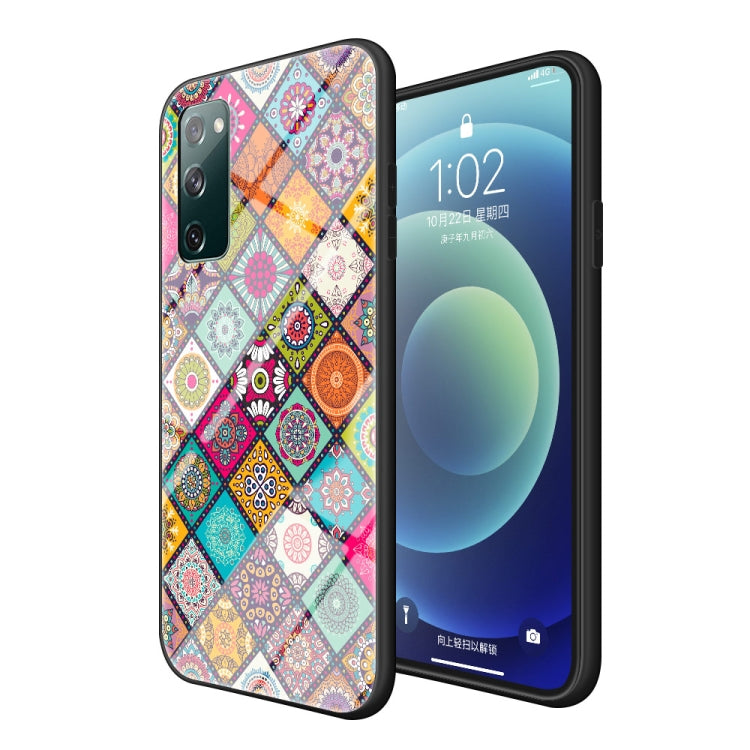 For Samsung Galaxy S20 FE Painted Ethnic Pattern Tempered Glass TPU Shockproof Case with Folding Magnetic Holder & Neck Strap