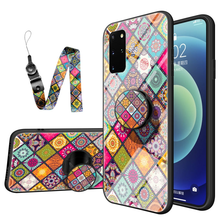 For Samsung Galaxy S20+ Painted Ethnic Pattern Tempered Glass TPU Shockproof Case with Folding Magnetic Holder & Neck Strap