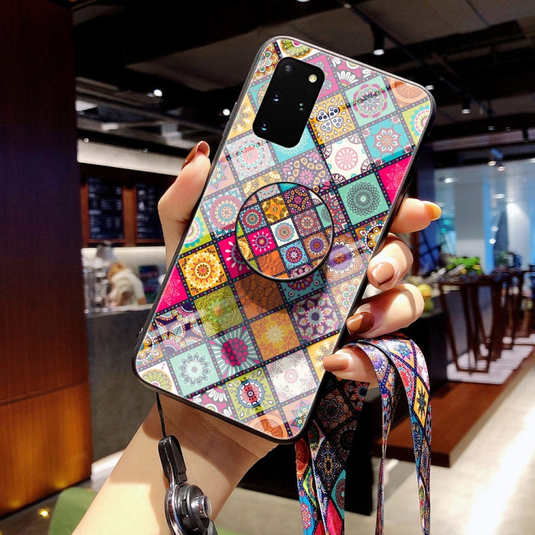 For Samsung Galaxy S20+ Painted Ethnic Pattern Tempered Glass TPU Shockproof Case with Folding Magnetic Holder & Neck Strap