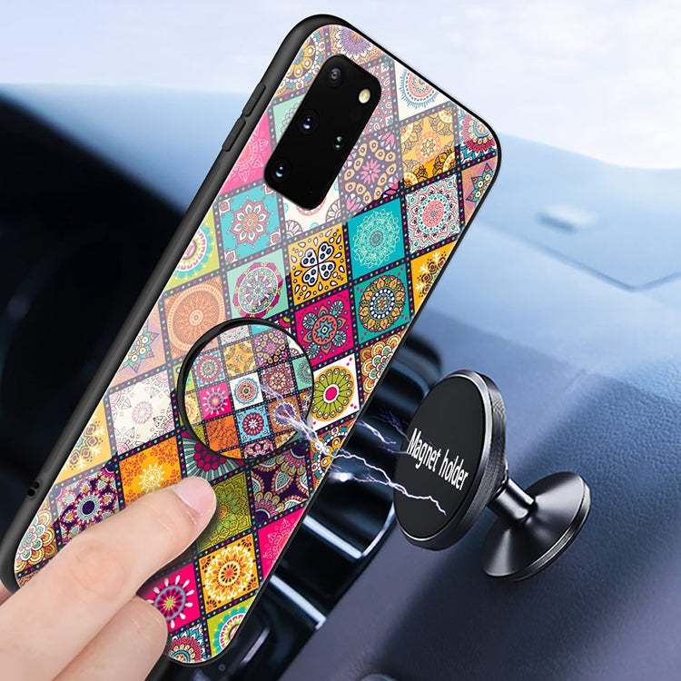 For Samsung Galaxy S20+ Painted Ethnic Pattern Tempered Glass TPU Shockproof Case with Folding Magnetic Holder & Neck Strap