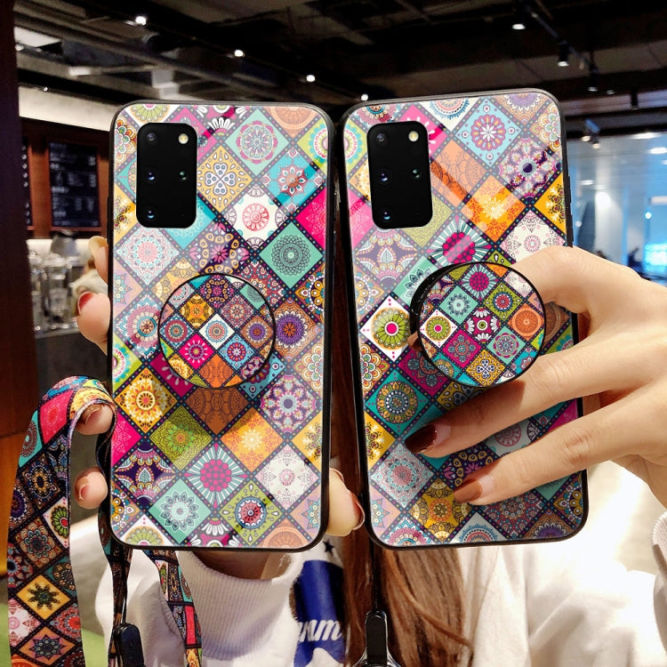 For Samsung Galaxy S20+ Painted Ethnic Pattern Tempered Glass TPU Shockproof Case with Folding Magnetic Holder & Neck Strap
