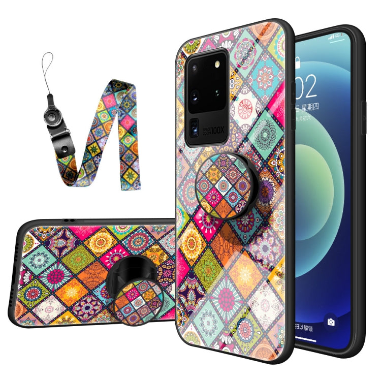 For Samsung Galaxy S20 Ultra Painted Ethnic Pattern Tempered Glass TPU Shockproof Case with Folding Magnetic Holder & Neck Strap