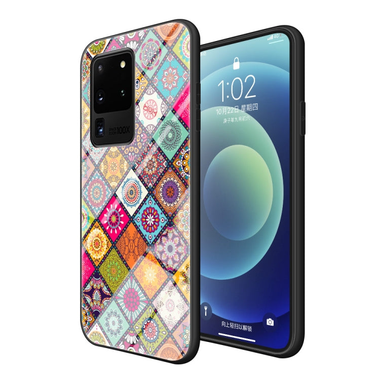 For Samsung Galaxy S20 Ultra Painted Ethnic Pattern Tempered Glass TPU Shockproof Case with Folding Magnetic Holder & Neck Strap
