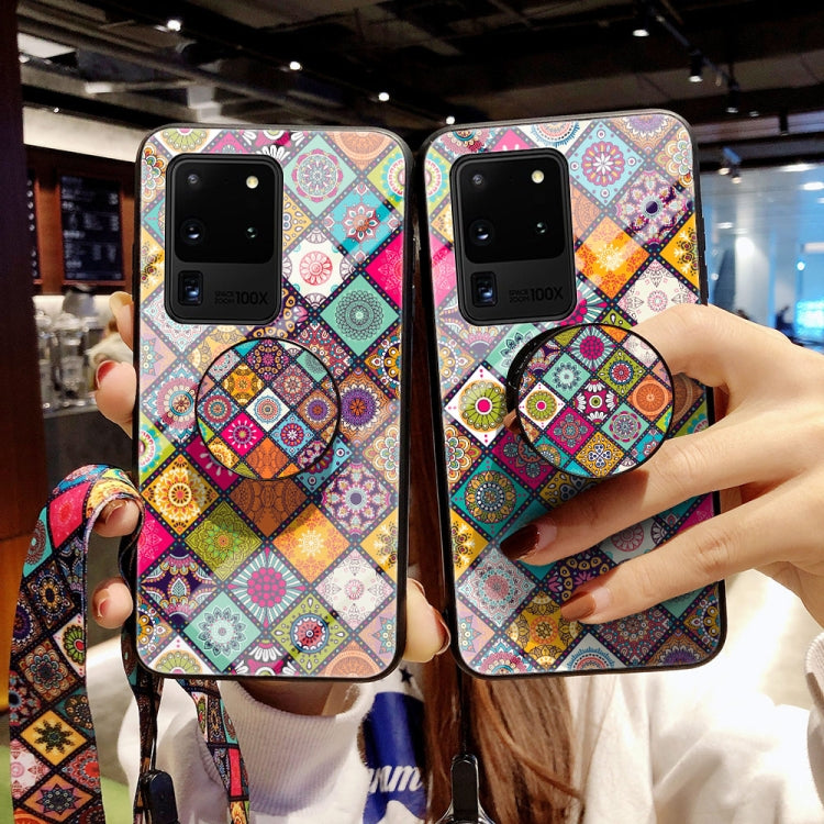 For Samsung Galaxy S20 Ultra Painted Ethnic Pattern Tempered Glass TPU Shockproof Case with Folding Magnetic Holder & Neck Strap