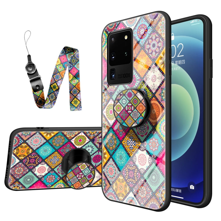 For Samsung Galaxy S20 Ultra Painted Ethnic Pattern Tempered Glass TPU Shockproof Case with Folding Magnetic Holder & Neck Strap