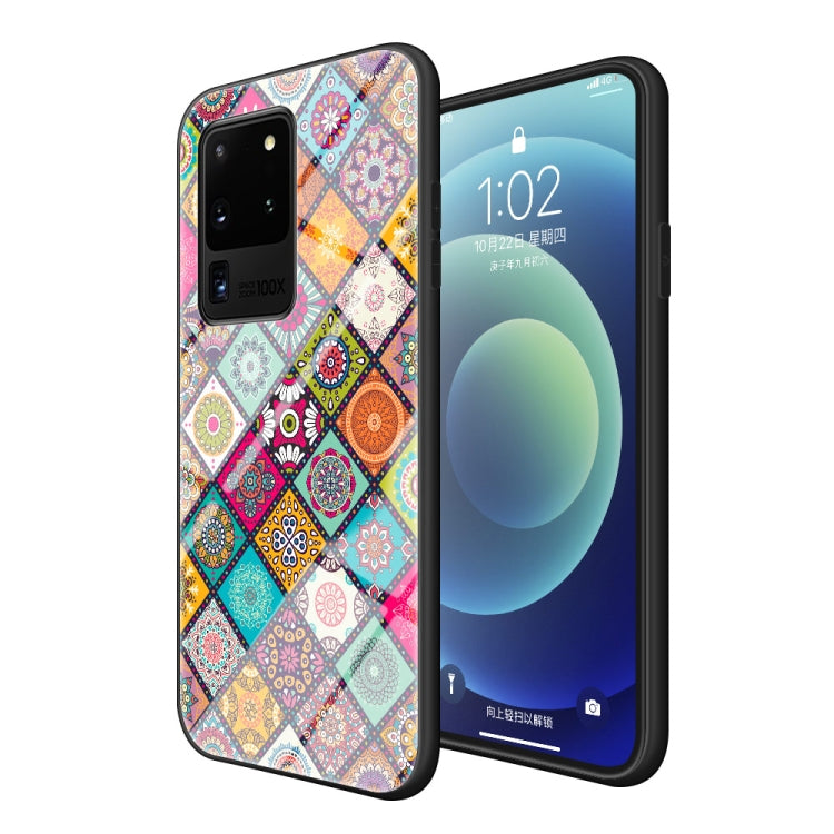 For Samsung Galaxy S20 Ultra Painted Ethnic Pattern Tempered Glass TPU Shockproof Case with Folding Magnetic Holder & Neck Strap