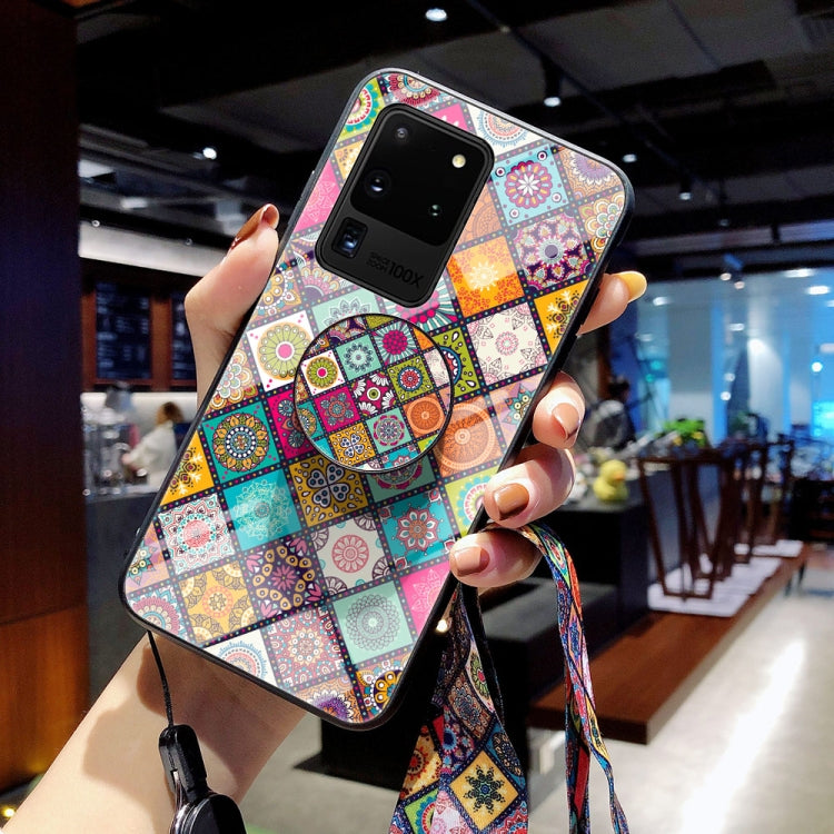 For Samsung Galaxy S20 Ultra Painted Ethnic Pattern Tempered Glass TPU Shockproof Case with Folding Magnetic Holder & Neck Strap