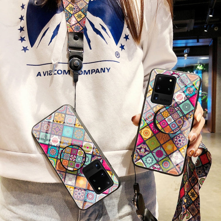 For Samsung Galaxy S20 Ultra Painted Ethnic Pattern Tempered Glass TPU Shockproof Case with Folding Magnetic Holder & Neck Strap