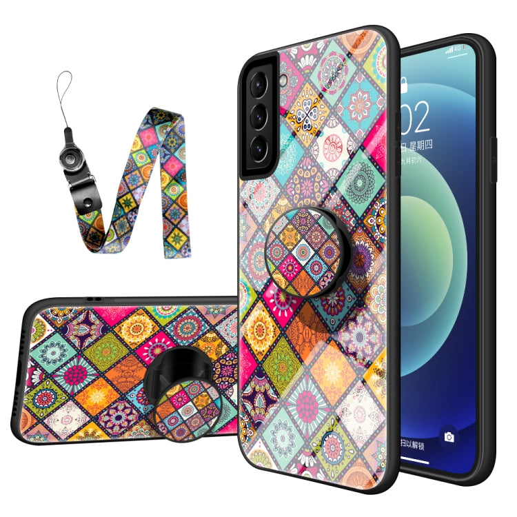 For Samsung Galaxy S21 5G Painted Ethnic Pattern Tempered Glass TPU Shockproof Case with Folding Magnetic Holder & Neck Strap