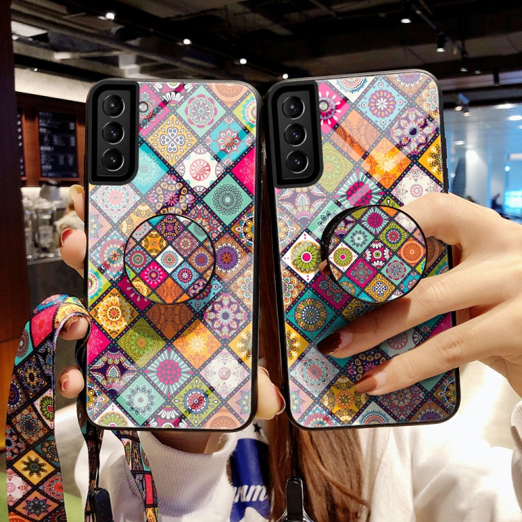 For Samsung Galaxy S21 5G Painted Ethnic Pattern Tempered Glass TPU Shockproof Case with Folding Magnetic Holder & Neck Strap