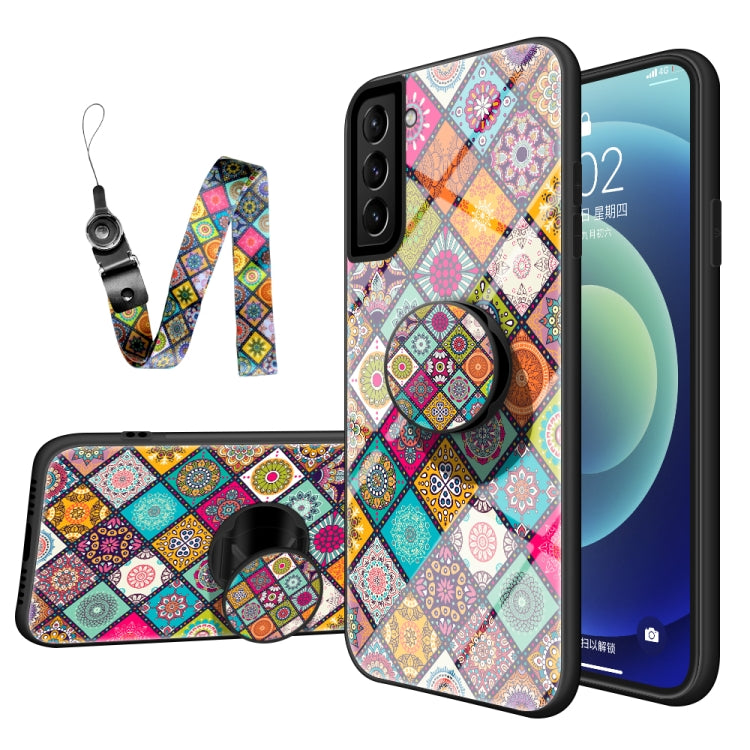 For Samsung Galaxy S21 5G Painted Ethnic Pattern Tempered Glass TPU Shockproof Case with Folding Magnetic Holder & Neck Strap