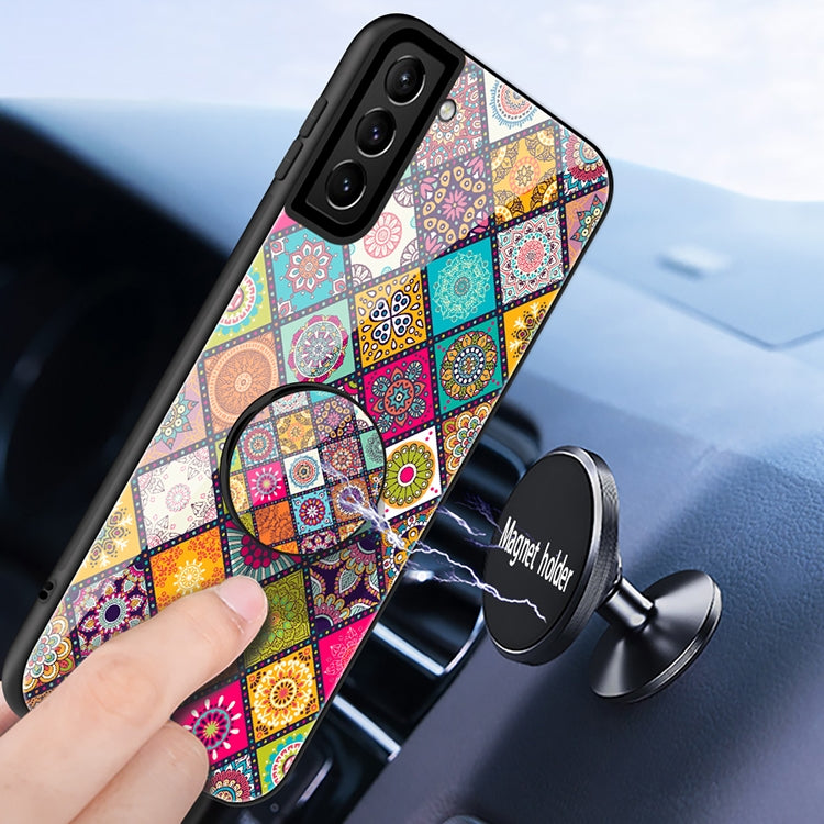 For Samsung Galaxy S21 5G Painted Ethnic Pattern Tempered Glass TPU Shockproof Case with Folding Magnetic Holder & Neck Strap