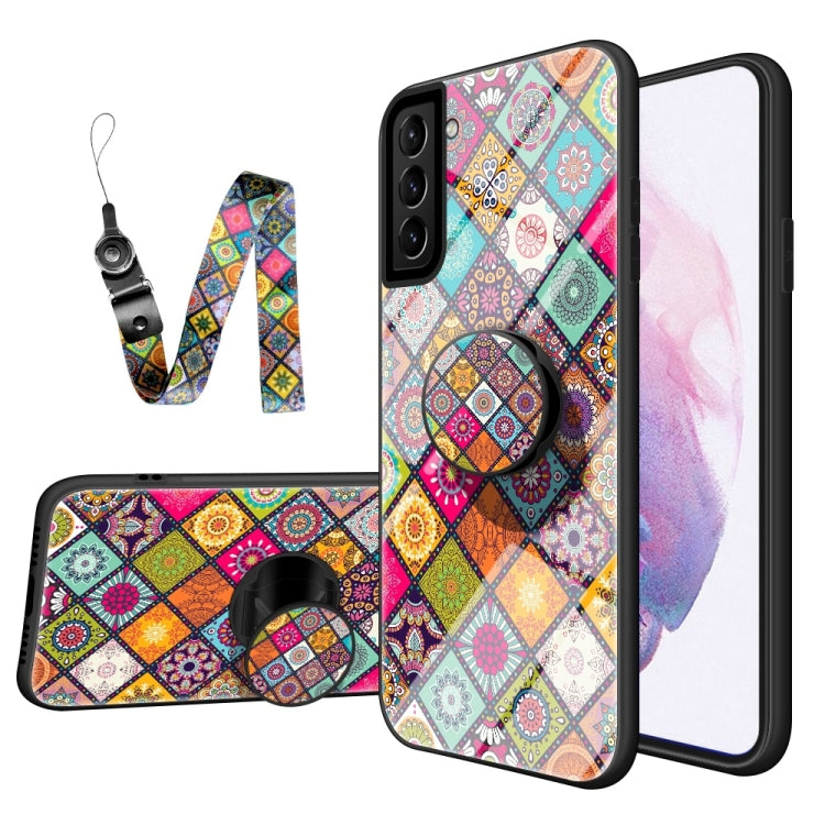 For Samsung Galaxy S21+ 5G Painted Ethnic Pattern Tempered Glass TPU Shockproof Case with Folding Magnetic Holder & Neck Strap