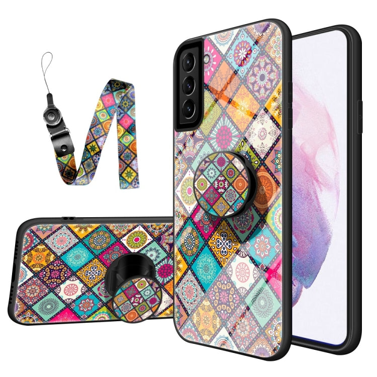 For Samsung Galaxy S21+ 5G Painted Ethnic Pattern Tempered Glass TPU Shockproof Case with Folding Magnetic Holder & Neck Strap
