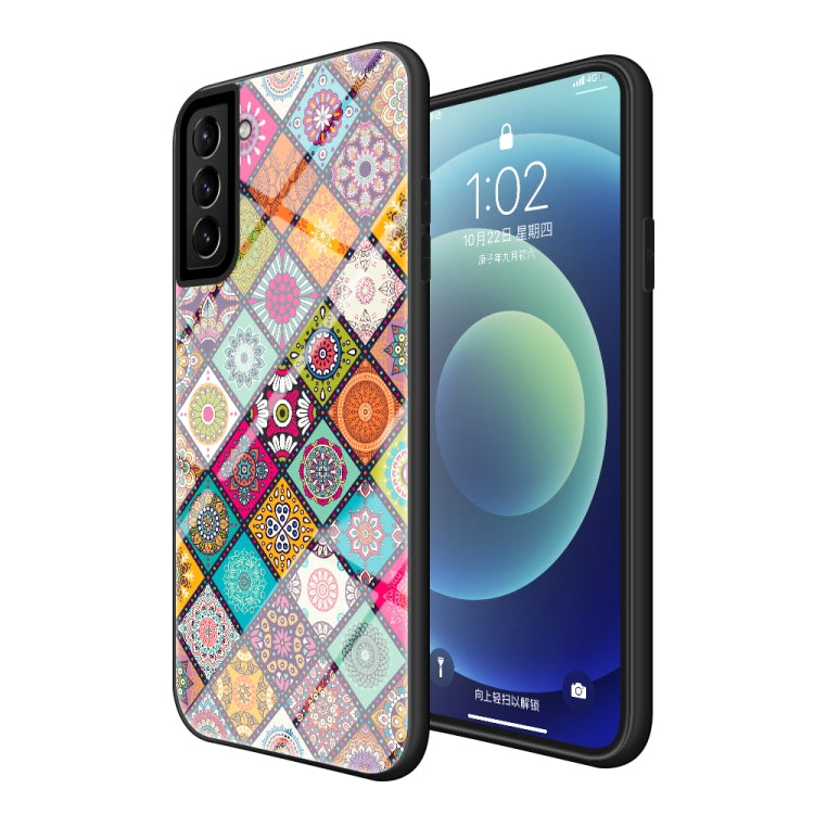 For Samsung Galaxy S21+ 5G Painted Ethnic Pattern Tempered Glass TPU Shockproof Case with Folding Magnetic Holder & Neck Strap