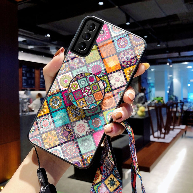 For Samsung Galaxy S21+ 5G Painted Ethnic Pattern Tempered Glass TPU Shockproof Case with Folding Magnetic Holder & Neck Strap