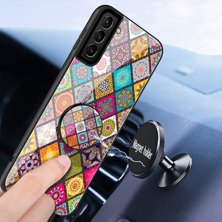 For Samsung Galaxy S21+ 5G Painted Ethnic Pattern Tempered Glass TPU Shockproof Case with Folding Magnetic Holder & Neck Strap