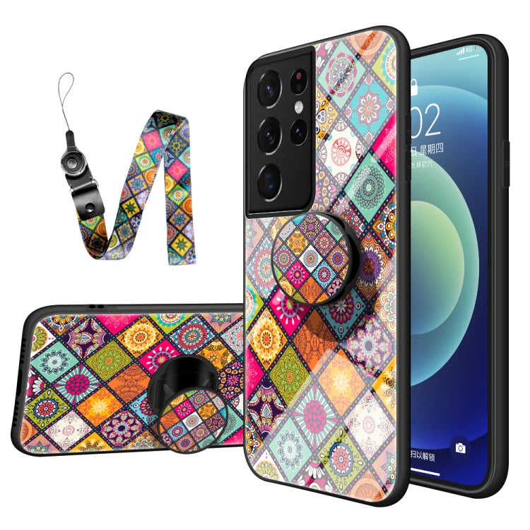 For Samsung Galaxy S21 Ultra 5G Painted Ethnic Pattern Tempered Glass TPU Shockproof Case with Folding Magnetic Holder & Neck Strap