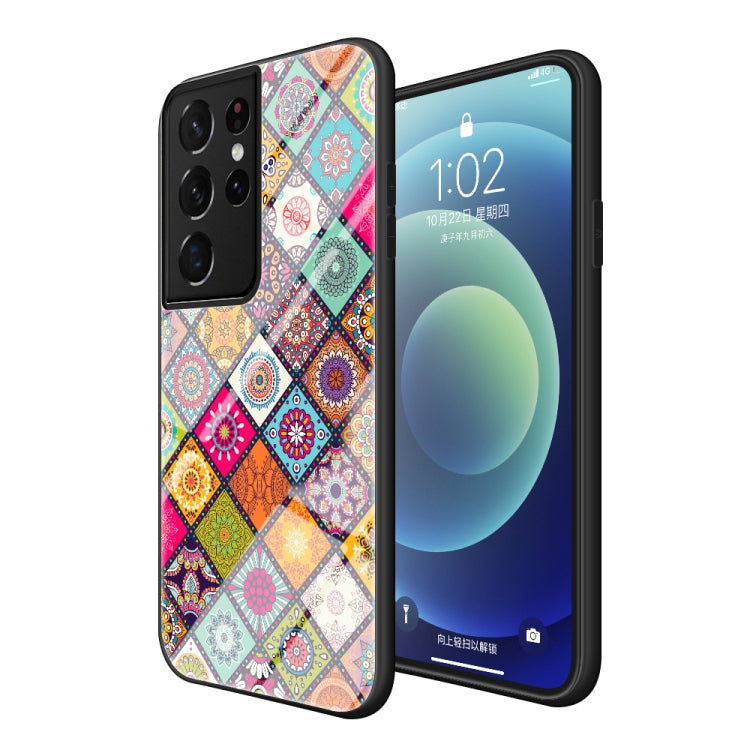 For Samsung Galaxy S21 Ultra 5G Painted Ethnic Pattern Tempered Glass TPU Shockproof Case with Folding Magnetic Holder & Neck Strap