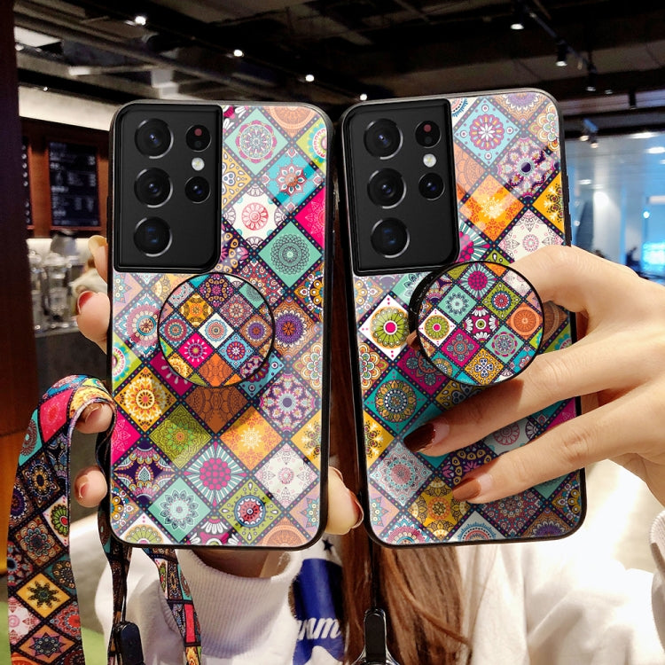 For Samsung Galaxy S21 Ultra 5G Painted Ethnic Pattern Tempered Glass TPU Shockproof Case with Folding Magnetic Holder & Neck Strap