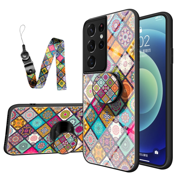 For Samsung Galaxy S21 Ultra 5G Painted Ethnic Pattern Tempered Glass TPU Shockproof Case with Folding Magnetic Holder & Neck Strap