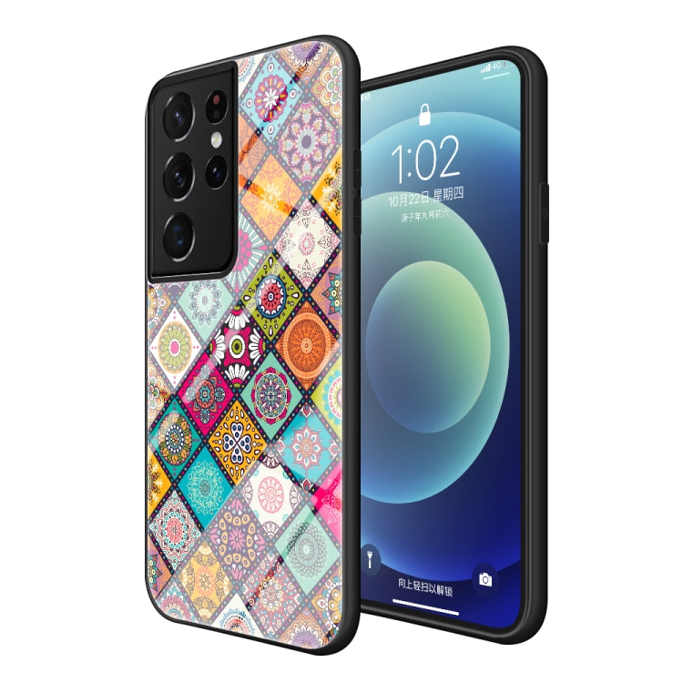 For Samsung Galaxy S21 Ultra 5G Painted Ethnic Pattern Tempered Glass TPU Shockproof Case with Folding Magnetic Holder & Neck Strap
