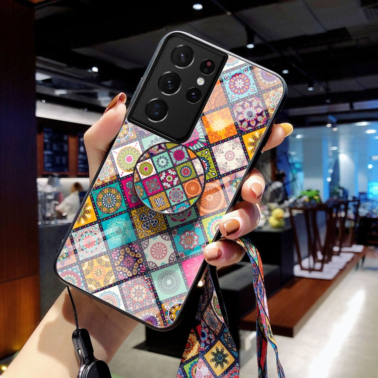For Samsung Galaxy S21 Ultra 5G Painted Ethnic Pattern Tempered Glass TPU Shockproof Case with Folding Magnetic Holder & Neck Strap